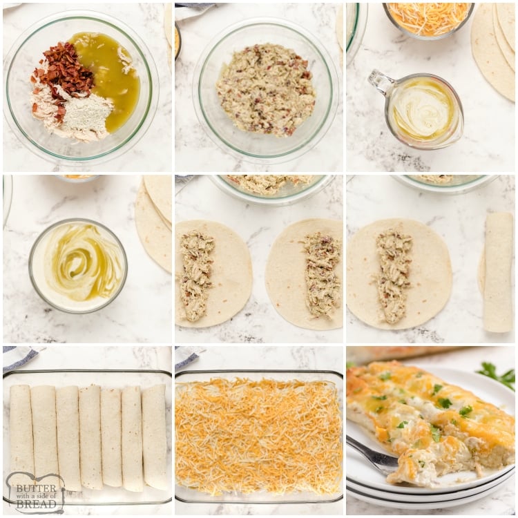 Step by step instructions on how to make chicken bacon ranch enchiladas