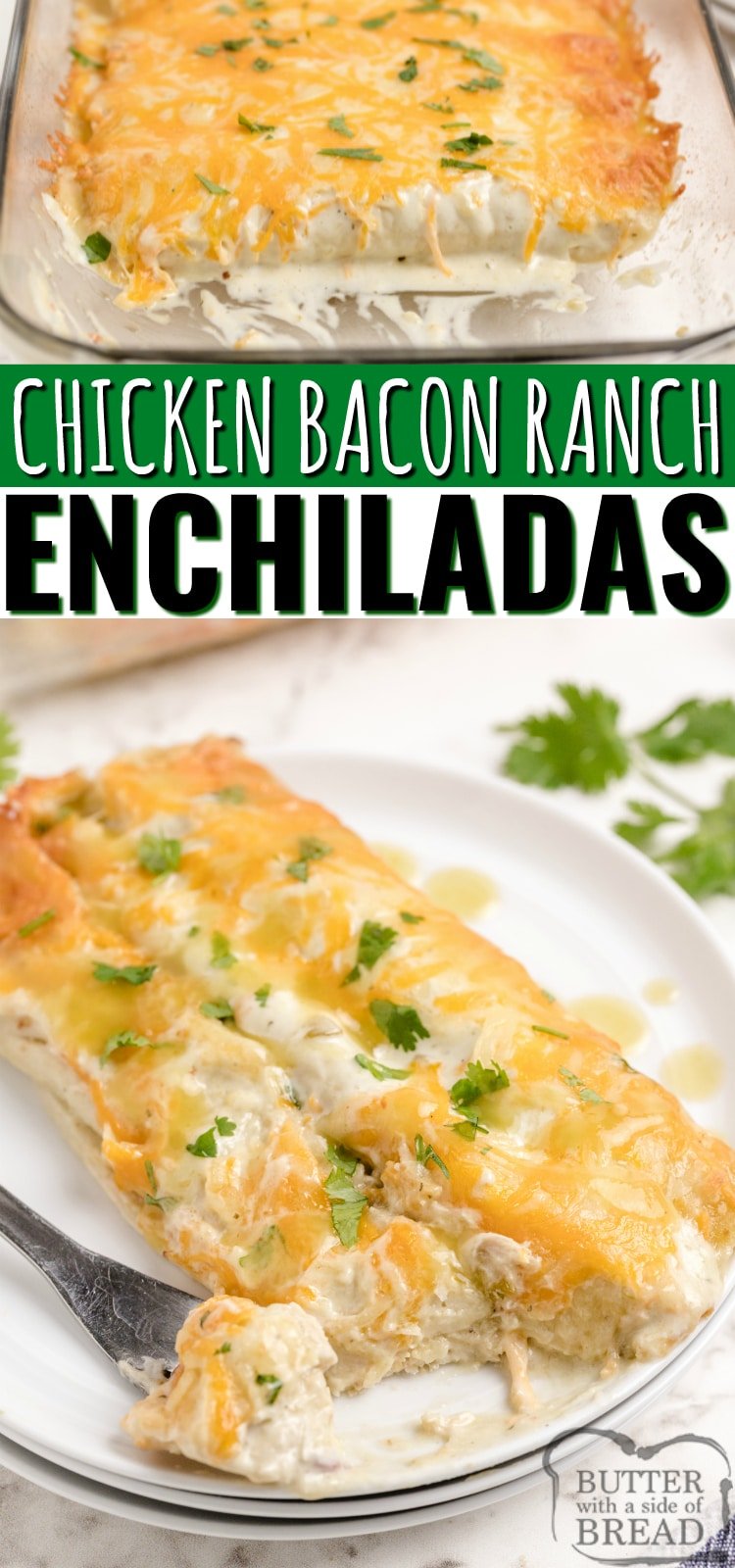 Chicken Bacon Ranch Enchiladas made with chicken, bacon, ranch dressing and cheese. Simple chicken enchilada recipe with a little bit of a twist! Easy dinner recipe that comes together quickly with tons of flavor that even the pickiest eater will love.