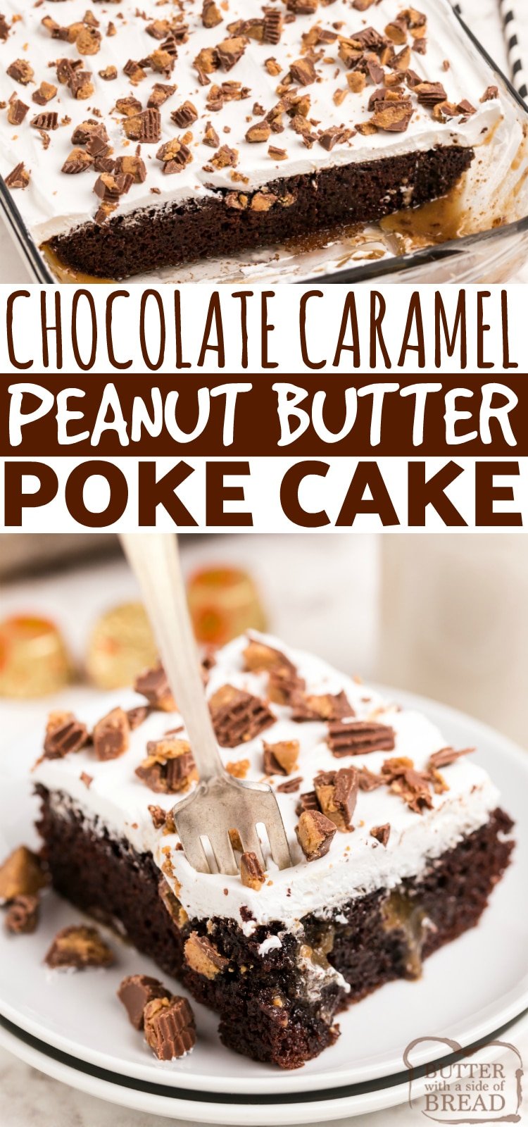 Chocolate Caramel Peanut Butter Poke Cake made with a cake mix, chopped Reese's peanut butter cups and a delicious homemade peanut butter caramel sauce. Decadent but easy chocolate cake recipe! 