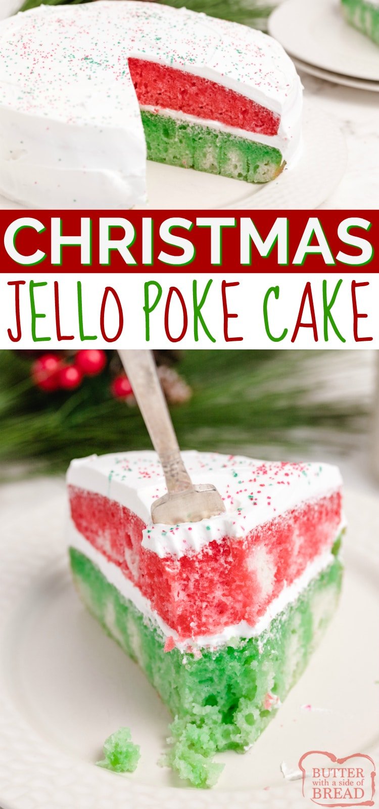 Christmas Jello Poke Cake uses a cake mix and red and green Jello to make a simple and delicious holiday dessert! This Christmas cake recipe is easy to make and absolutely beautiful to serve! 