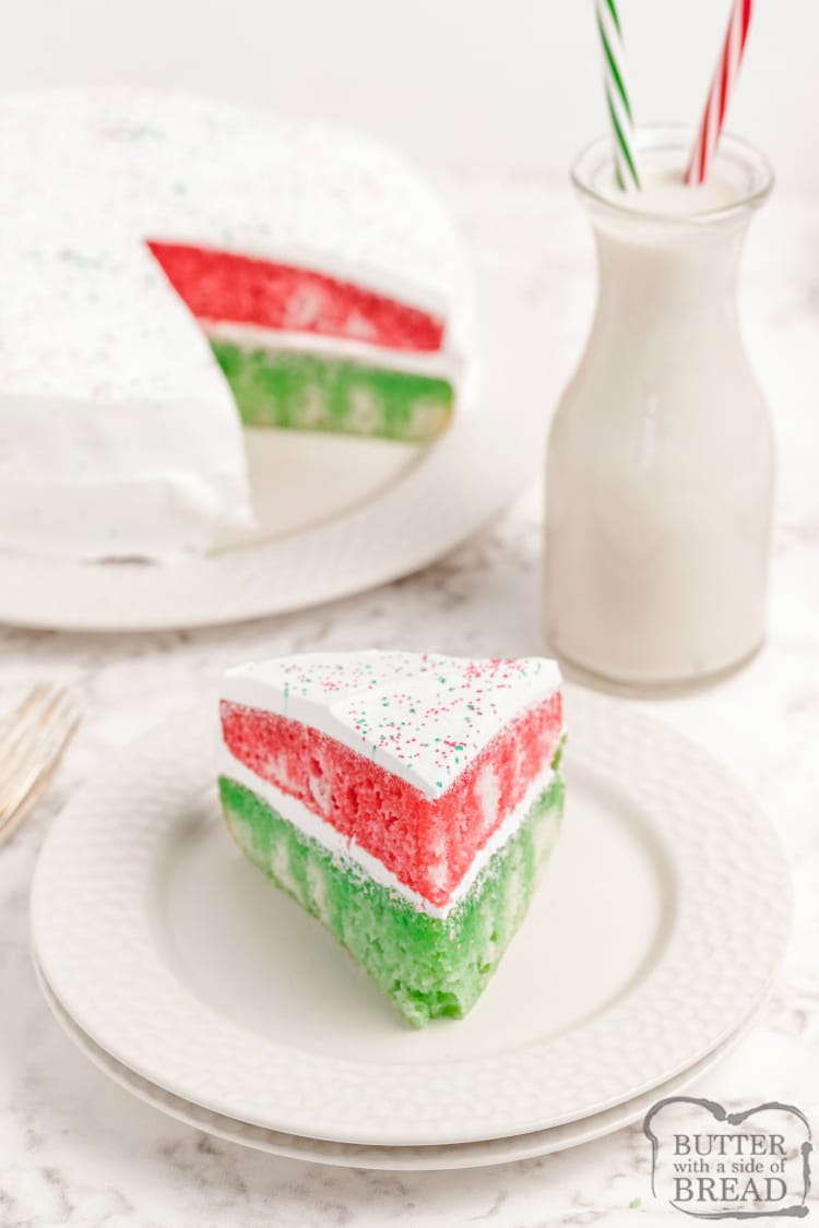 Christmas cake recipe made with a cake mix and red and green jello