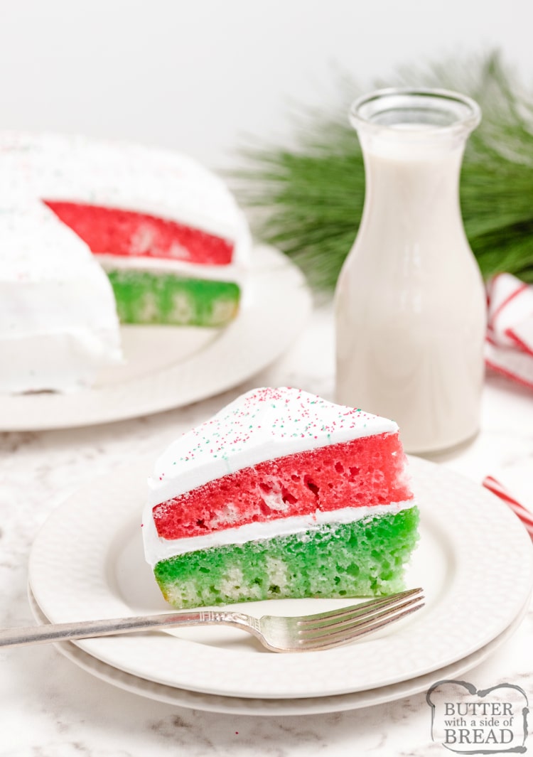 Christmas cake recipe made with red and green jello and white cake mix