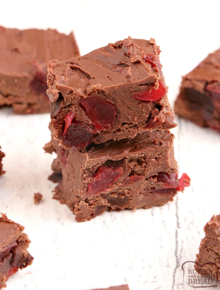 Easy Cherry Chocolate Fudge made with three ingredients in the microwave in less than 3 minutes! Easy fudge recipe ever with tons of cherry and chocolate flavor - no boiling or candy thermometers needed.