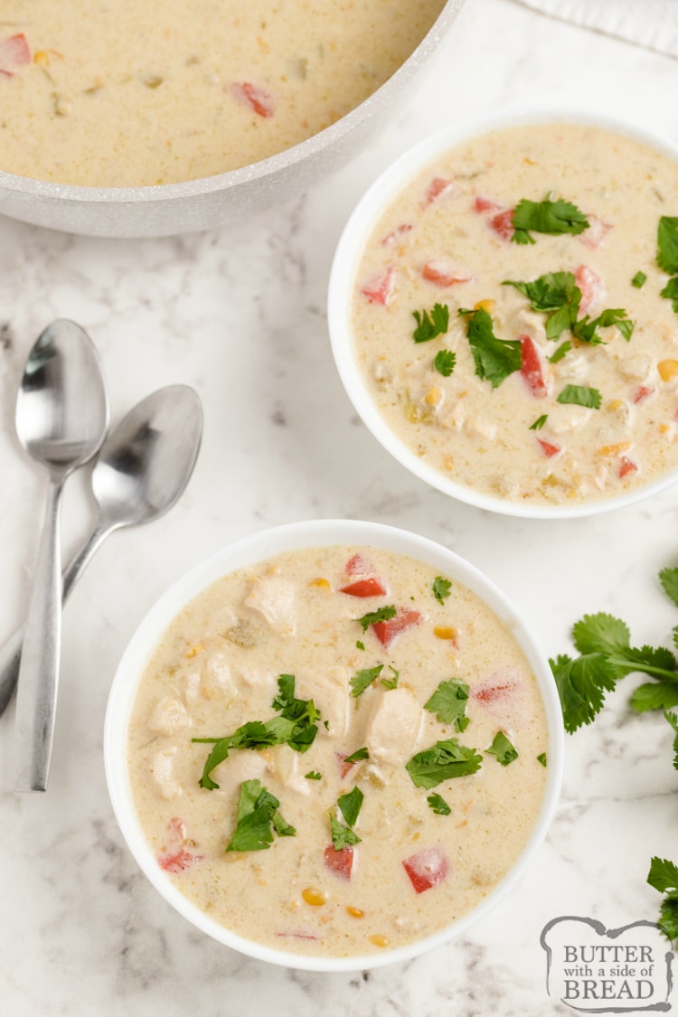 Chicken Corn Chowder made with cumin, tomatoes, corn and cheese