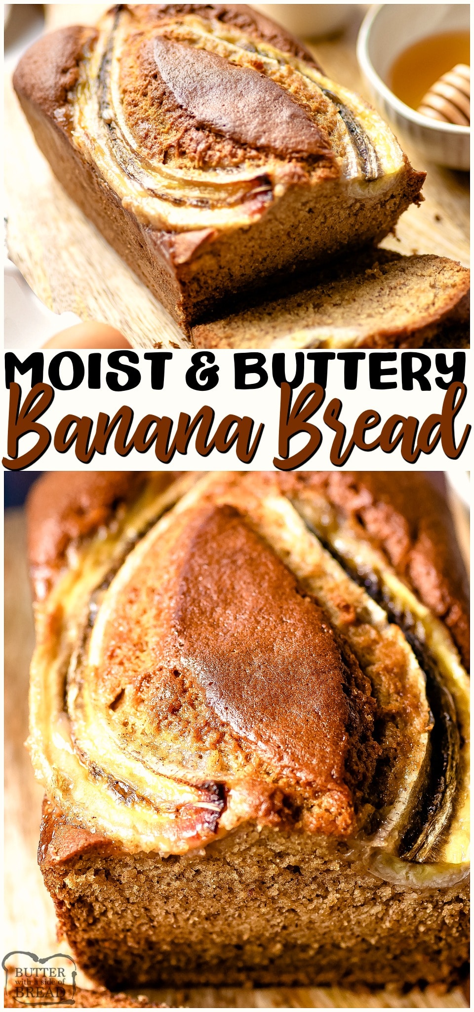 This delicious moist banana bread recipe is made with ALL butter! This makes it rich, flavorful, and mouth wateringly good. You're going to love this simple banana bread recipe!