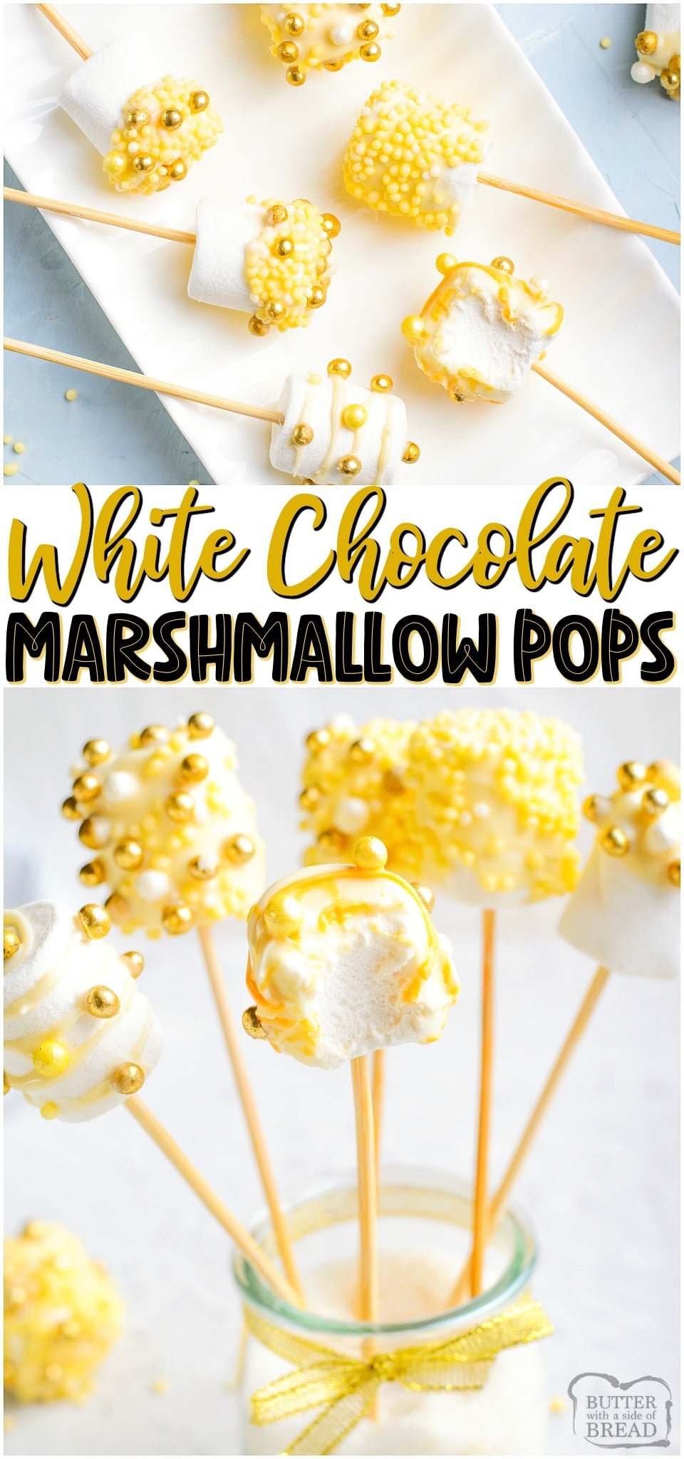 White Chocolate Covered Marshmallow Pops made with gold sprinkles for a simple, festive New Year's treat! Easy recipe for festive chocolate dipped marshmallows!
