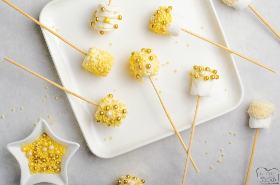 white chocolate marshmallow pops for New Years