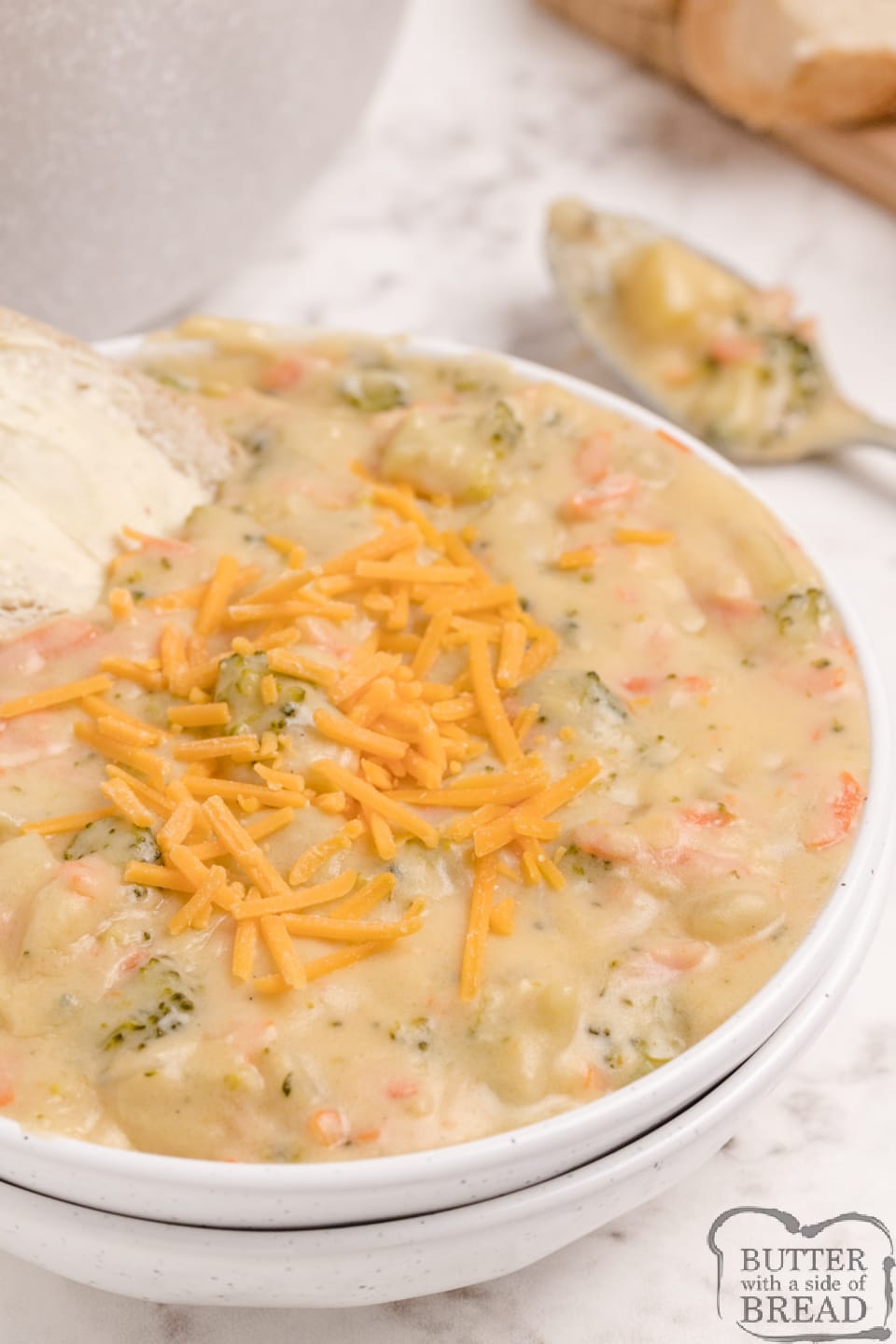 Cheesy Broccoli Potato Soup is creamy, filling and packed with veggies. Delicious potato soup recipe that is easy to prepare and makes for an easy weeknight meal the whole family will love.