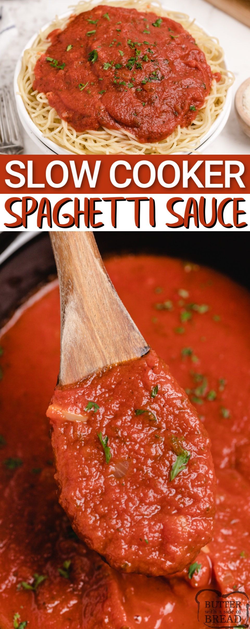 Crockpot Spaghetti Sauce made with a delicious blend of spices and tomatoes. Best homemade spaghetti sauce recipe that is simmered for hours in a slow cooker to achieve the perfect flavor.