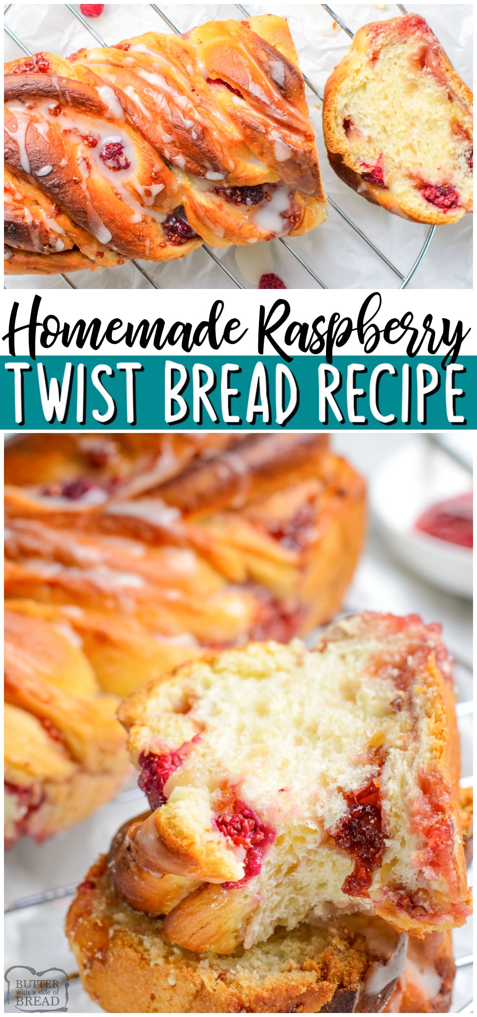 Raspberry Twist Bread is a delicious loaf of homemade sweet bread swirled with raspberry jam. Served with lemon icing and brioche-style dough this bread is perfect for breakfast or dessert! #bread #raspberry #twist #baking #breadrecipe #sweetbread from BUTTER WITH A SIDE OF BREAD