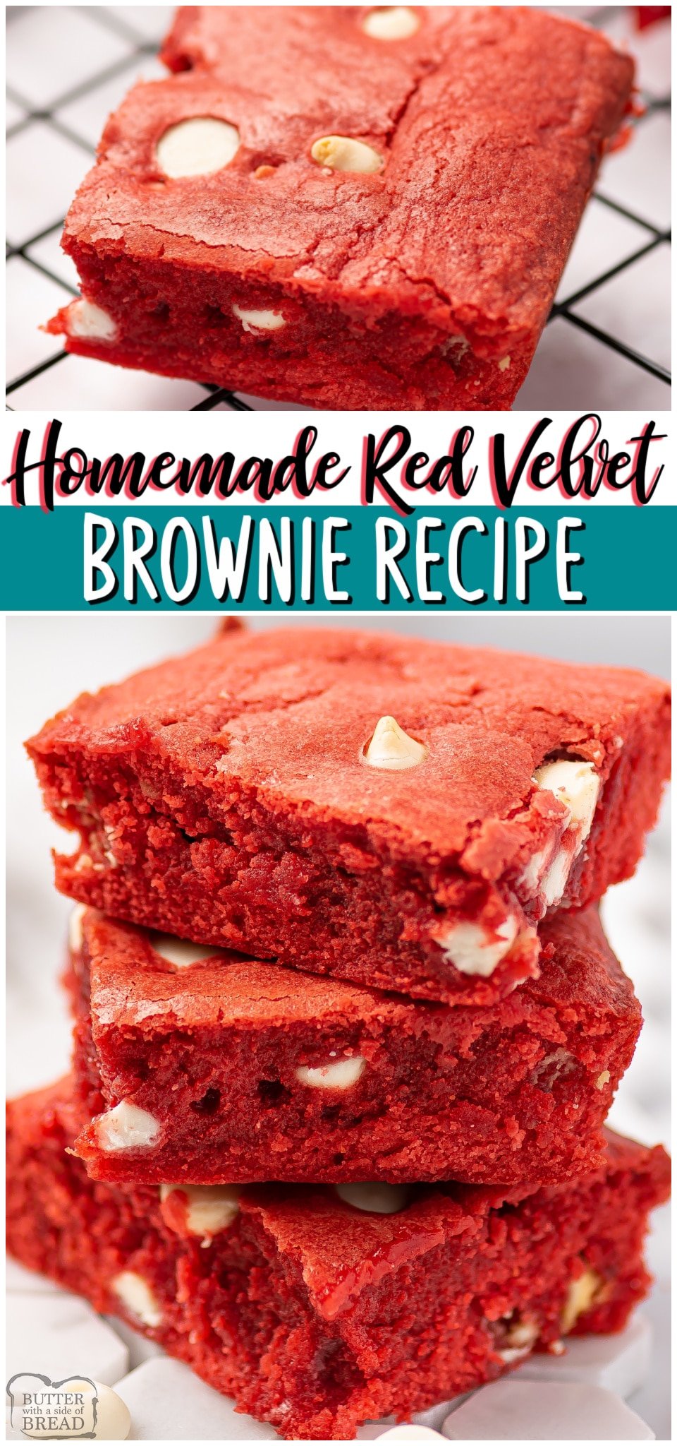 Red velvet brownies are a rich, chocolaty brownie with red velvet color, scattered with chocolate chips. Homemade Red Velvet Brownies perfect for Valentine's day!