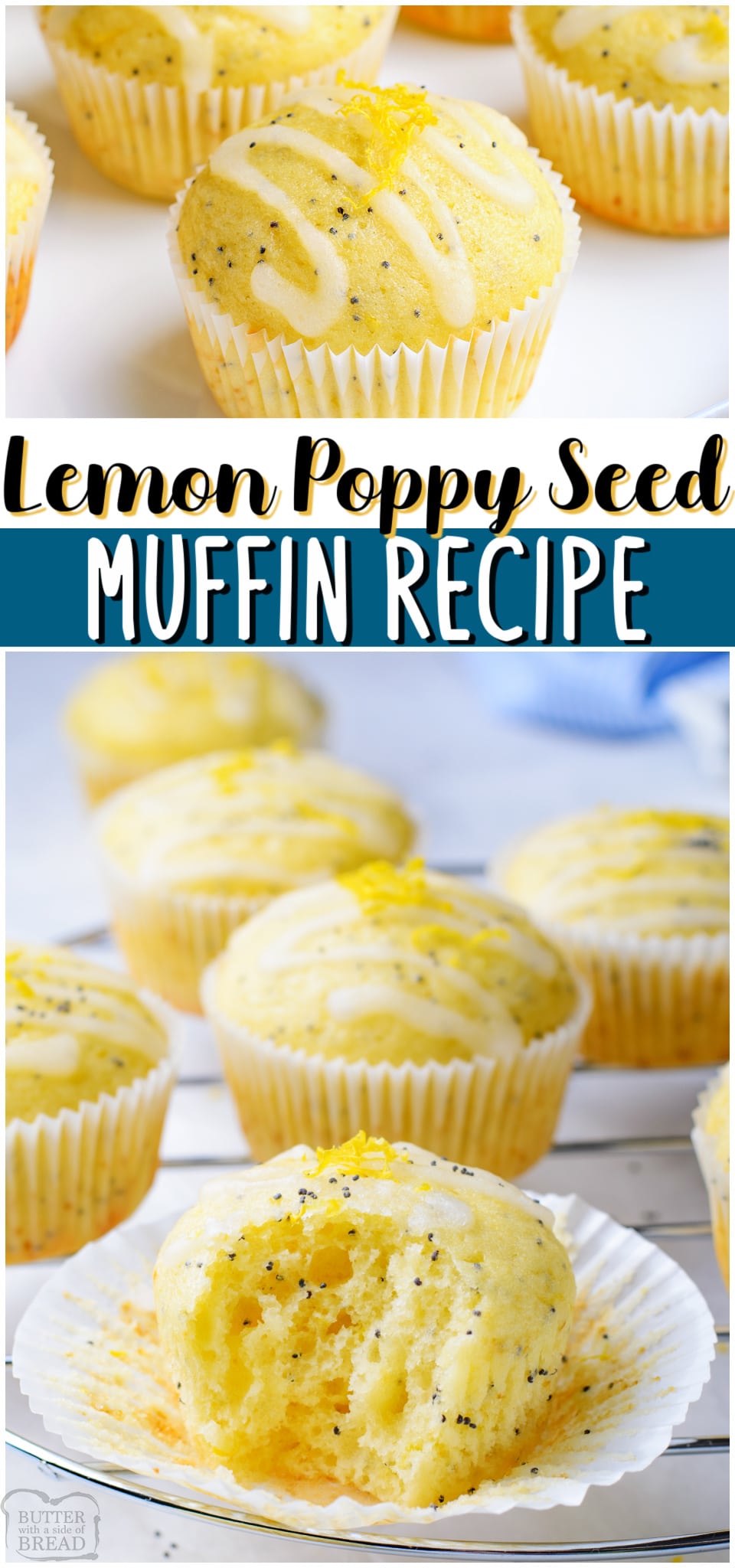Lemon Poppy Seed Muffins made with traditional ingredients, plus fresh lemon, greek yogurt & poppy seeds! Tender lemon muffins with bright flavor & drizzled with a tangy sweet lemon glaze.