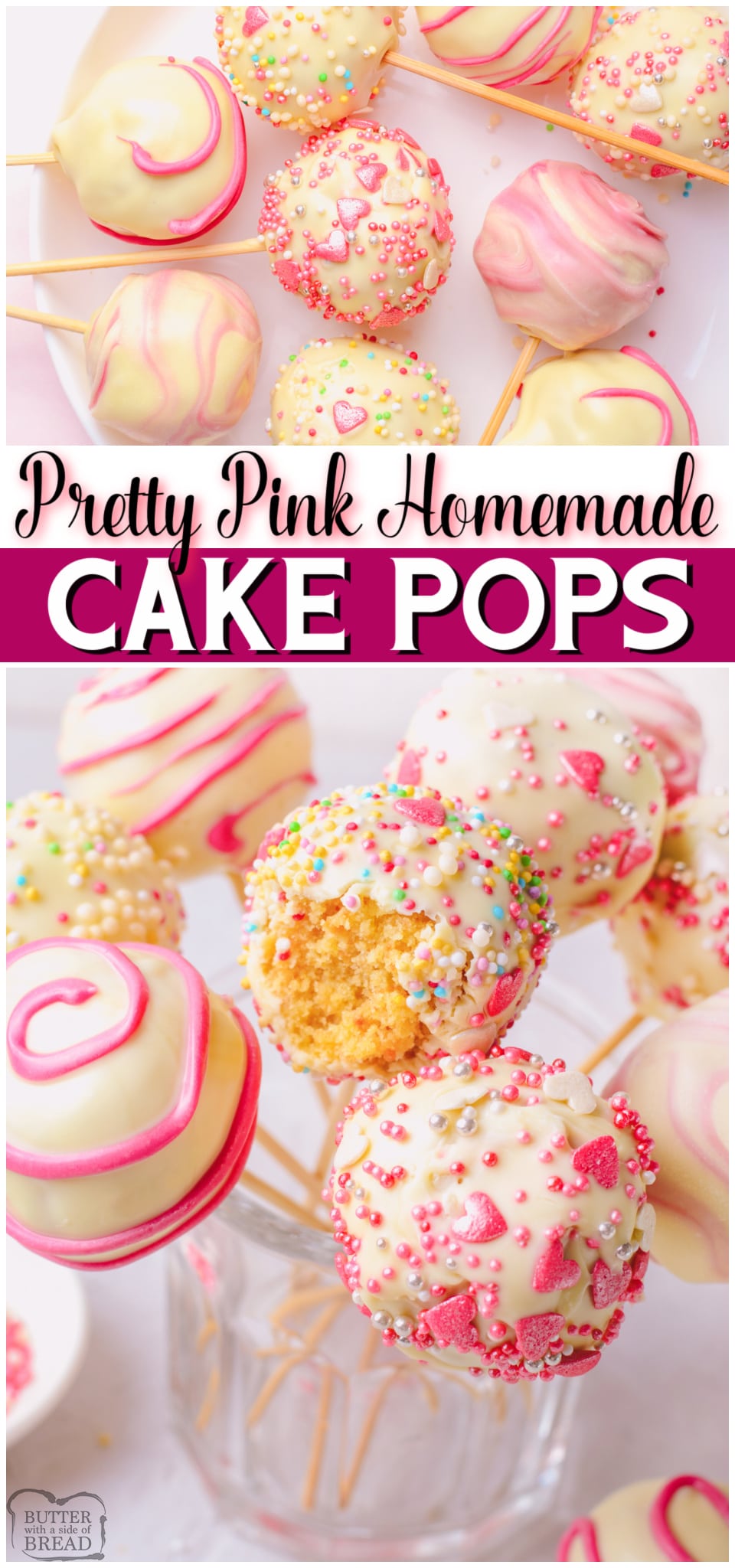 Homemade Vanilla Pink Cake Pops are fun & tasty treats for any occasion! Sweet Cake Pops covered in white chocolate & decorated to be perfectly pink for Valentine's Day! 