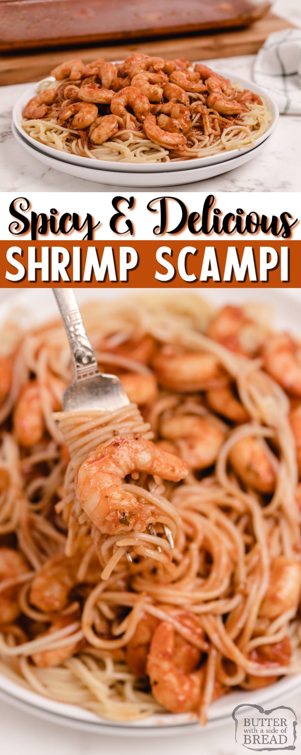 Spicy Shrimp Scampi is buttery, full of flavor and tastes delicious over angel hair pasta. This buttery scampi sauce with shrimp is simple, impressive and only takes a few minutes to prep.