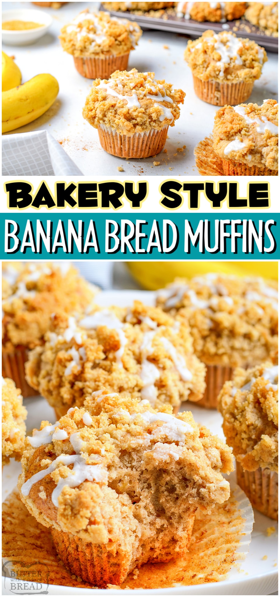Banana Bread Muffins with crumble topping are easy and delicious! Tender & moist bakery-style banana muffins with a cinnamon brown sugar topping then drizzled with vanilla glaze.