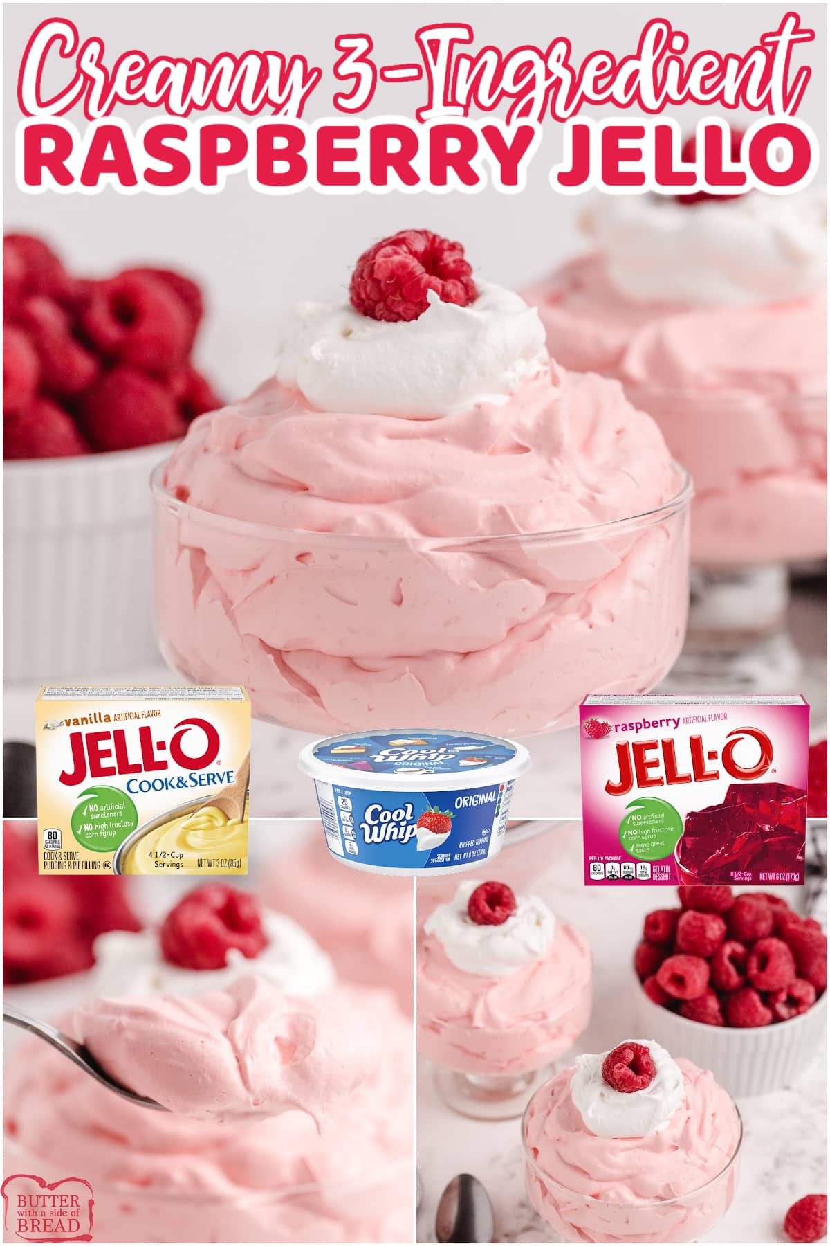 Creamy Raspberry Jello made with just 3 ingredients! Easy Jello recipe made with jello, vanilla pudding and whipped topping for a simple and delicious dessert.
