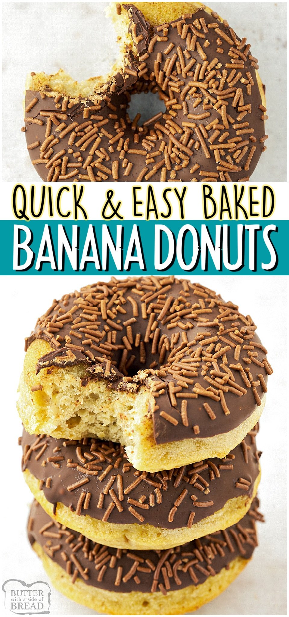 Baked Banana Donuts made with flour, cornstarch, sugar, butter, eggs & ripe bananas! Easy donut recipe covered in chocolate glaze & chocolate sprinkles that everyone loves! #bananas #donuts #breakfast #baked #baking #chocolate #easyrecipe from BUTTER WITH A SIDE OF BREAD