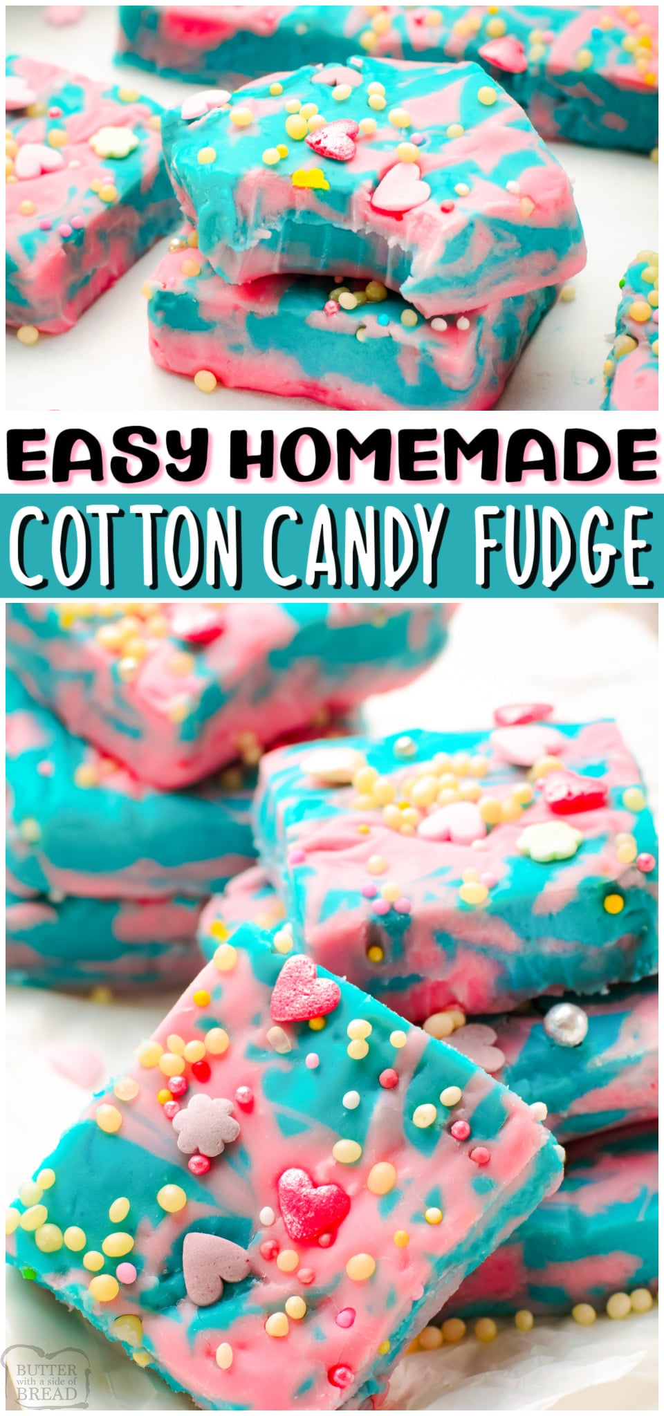 Cotton candy fudge made fun with white chocolate chips and condensed milk! Swirled fudge recipe with cotton candy flavor and topped with festive sprinkles! 