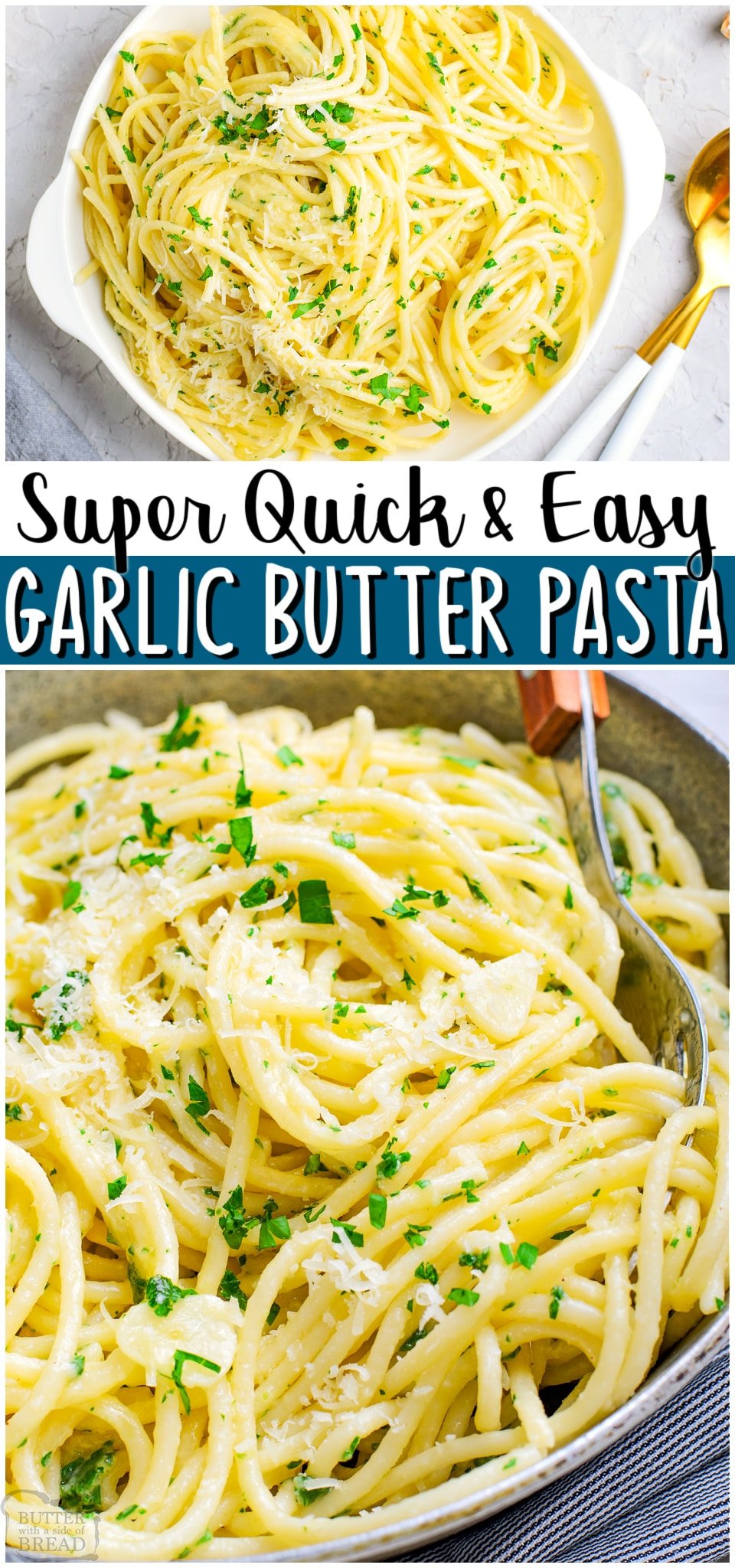 Garlic Butter Pasta recipe made with simple ingredients like spaghetti, garlic, butter & Parmesan cheese! Easy buttered pasta done in just 20 minutes & perfect for dinner or a side dish. 
