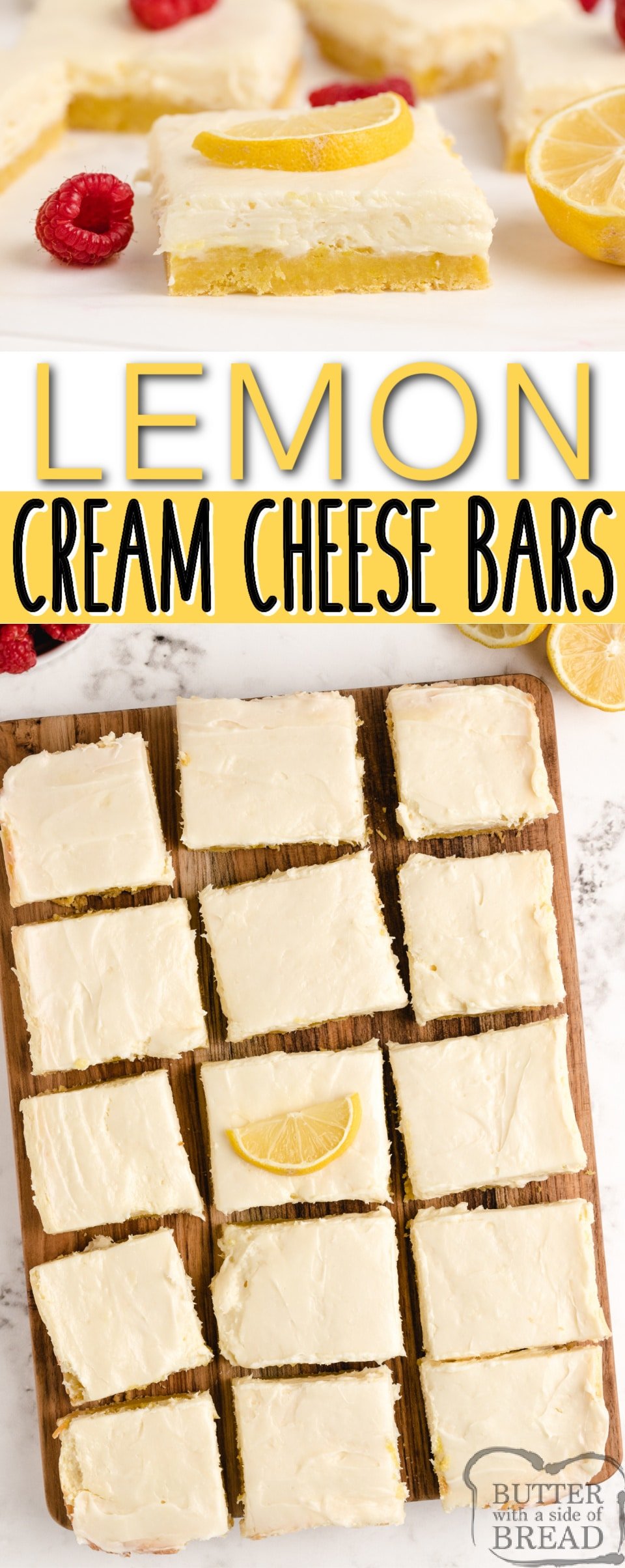 Lemon Cream Cheese Bars with a lemon cake mix crust, a vanilla cream cheese filling and a lemon cream cheese topping. Simple and delicious layered lemon bar recipe!