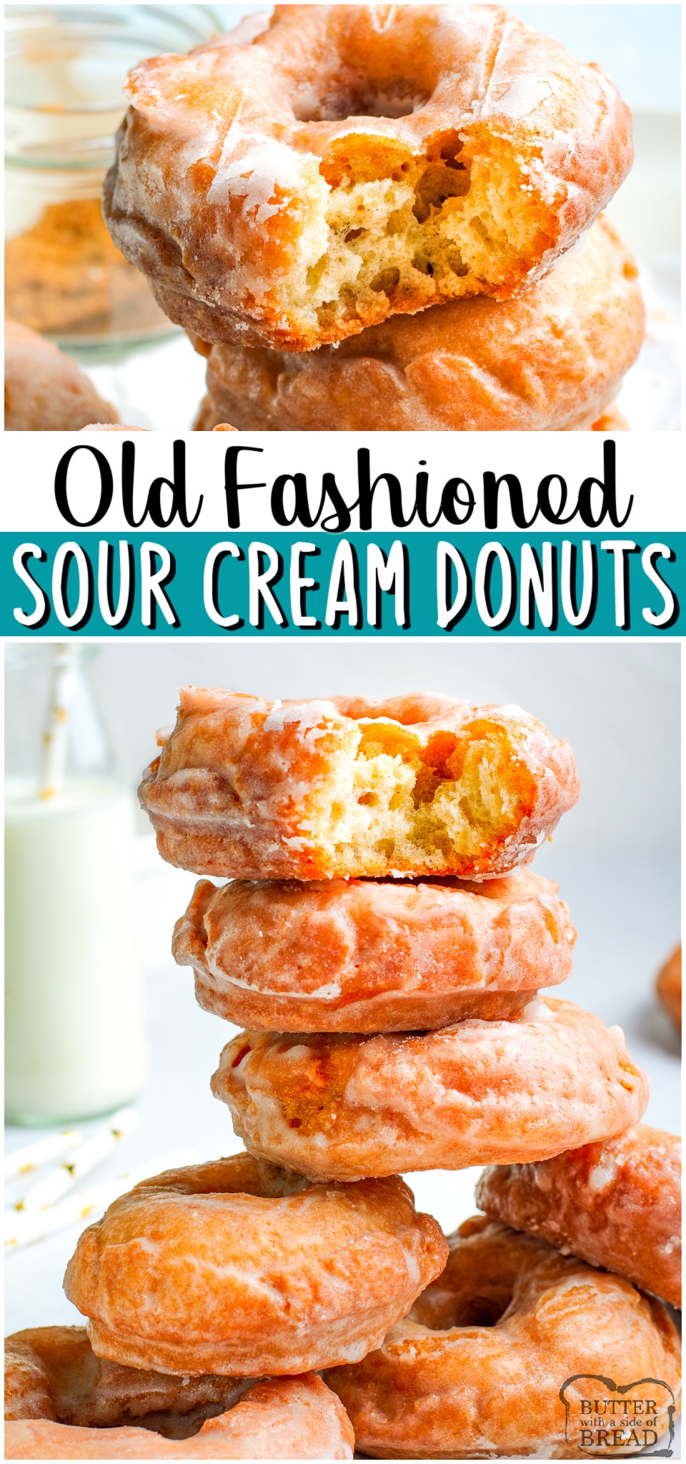 Old Fashioned Sour Cream Donuts made at home with simple ingredients! Easy donut recipe from scratch with no yeast & no rise time! Delicious, tender sour cream doughnuts with a vanilla glaze on top!