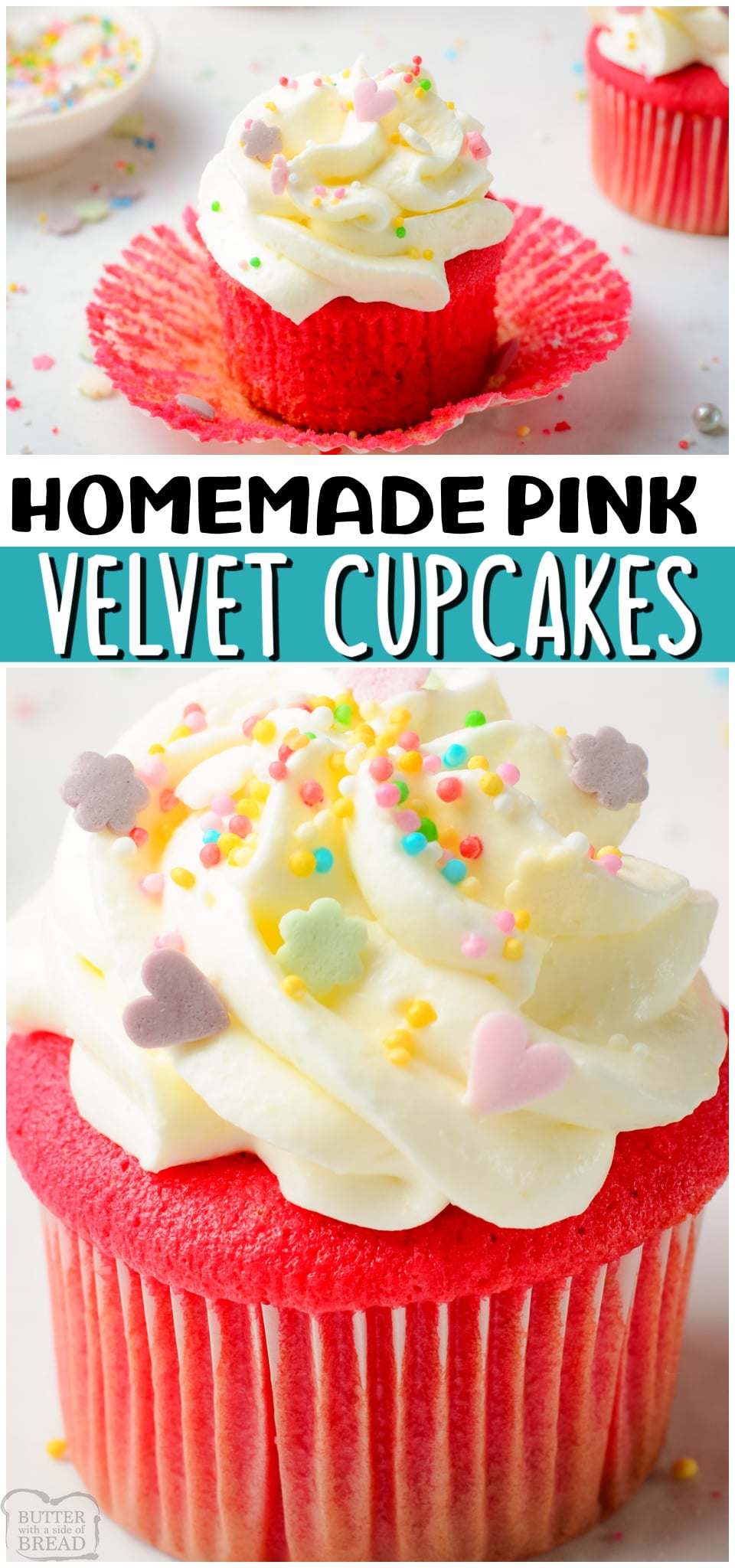 Homemade Pink Velvet Cupcakes are the PERFECT pink cupcakes. Moist, tender cupcakes made from scratch, then colored in a vibrant pink, then topped with a fluffy cream cheese frosting!