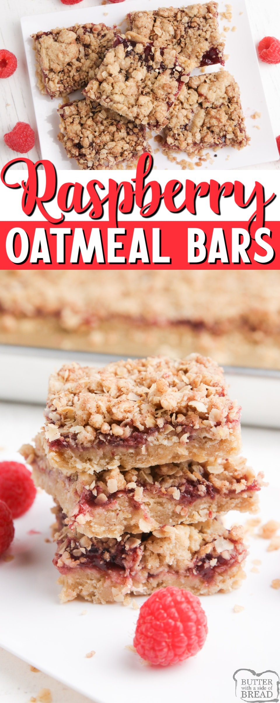 Raspberry Oatmeal Bars made with raspberry pie filling sandwiched between two delicious oatmeal cookie layers. Only 7 ingredients needed for this simple oatmeal bar recipe.