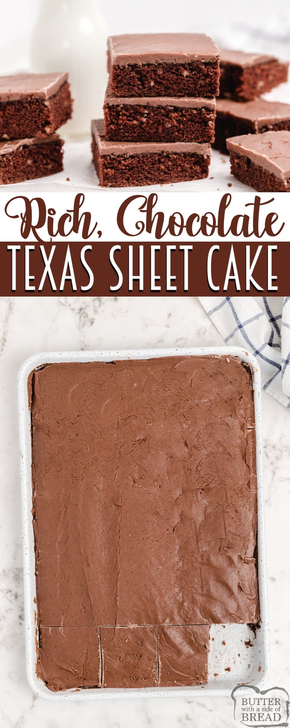 Texas Sheet Cake is the perfect chocolate cake recipe made from scratch. Delicious chocolate cake made in a jelly roll pan and topped with a warm, homemade chocolate frosting.