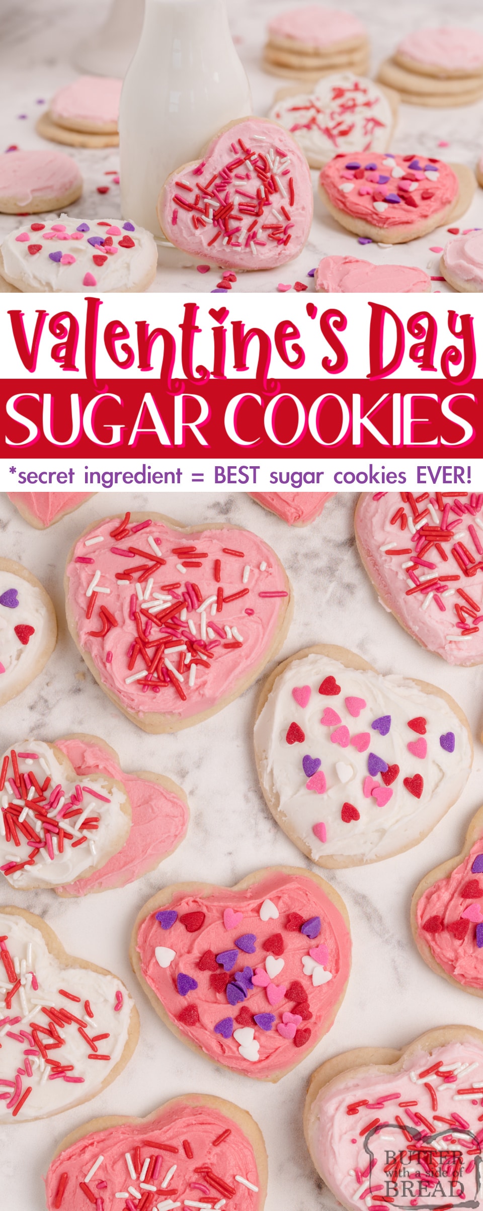 Valentines Sugar Cookies are soft, thick and easily the best sugar cookie recipe I’ve ever tried. These cream cheese sugar cookies are perfectly sweet and they hold their shape when baked!