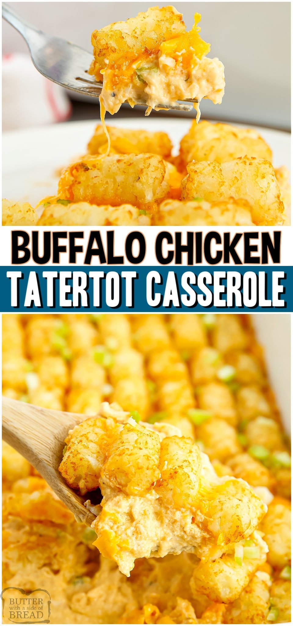 We took our favorite Tater Tot Casserole and added a Buffalo Chicken twist! Made with buffalo wing sauce, chicken, cheese & tater tots, this dinner's packed with creamy, cheesy flavor!