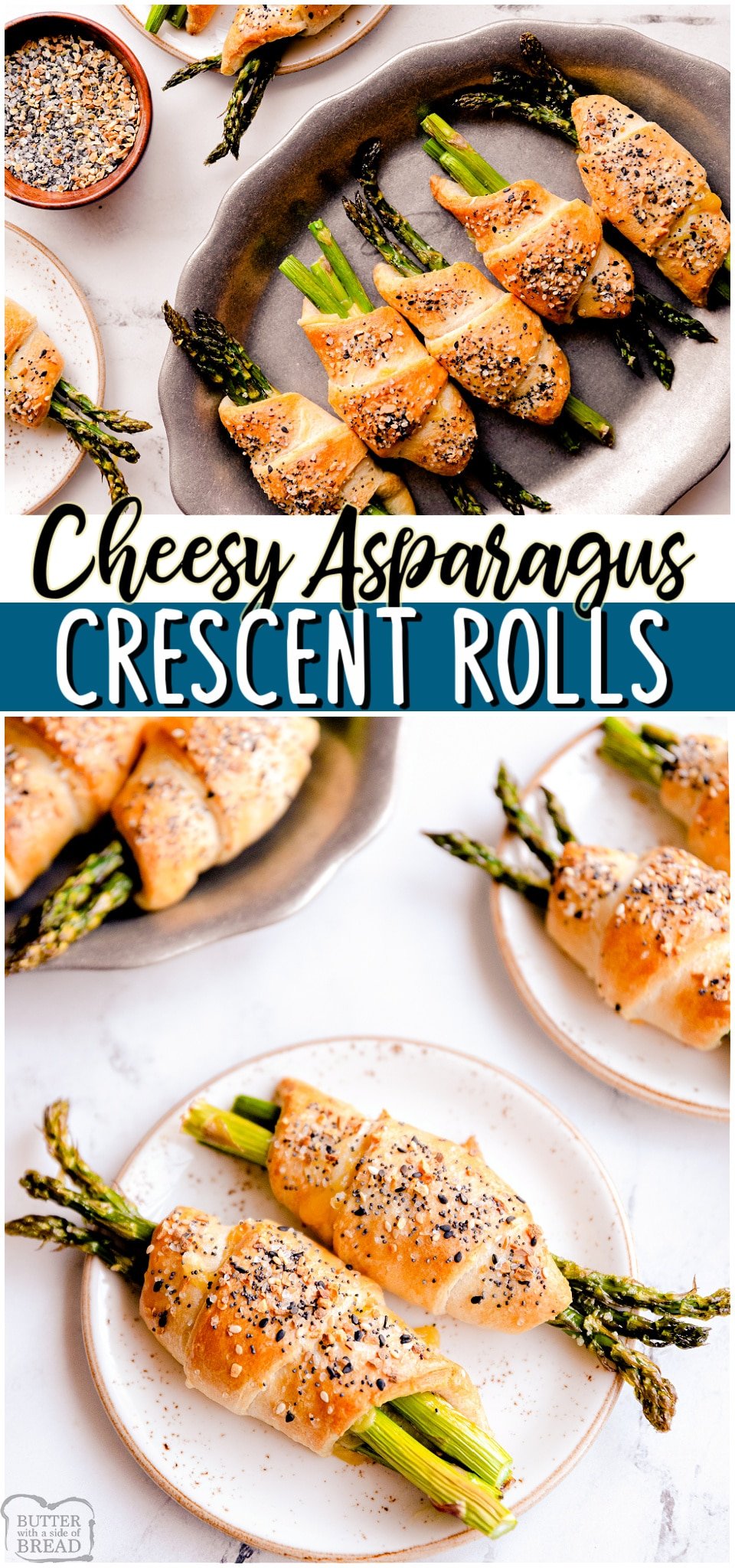 Asparagus crescent rolls are a deliciously simple appetizer made with fresh asparagus, crescent rolls & cheese! Flavorful vegetable dish that's perfect with dinner or at a party! #asparagus #crescentrolls #cheesy #appetizer #easyrecipe from BUTTER WITH A SIDE OF BREAD