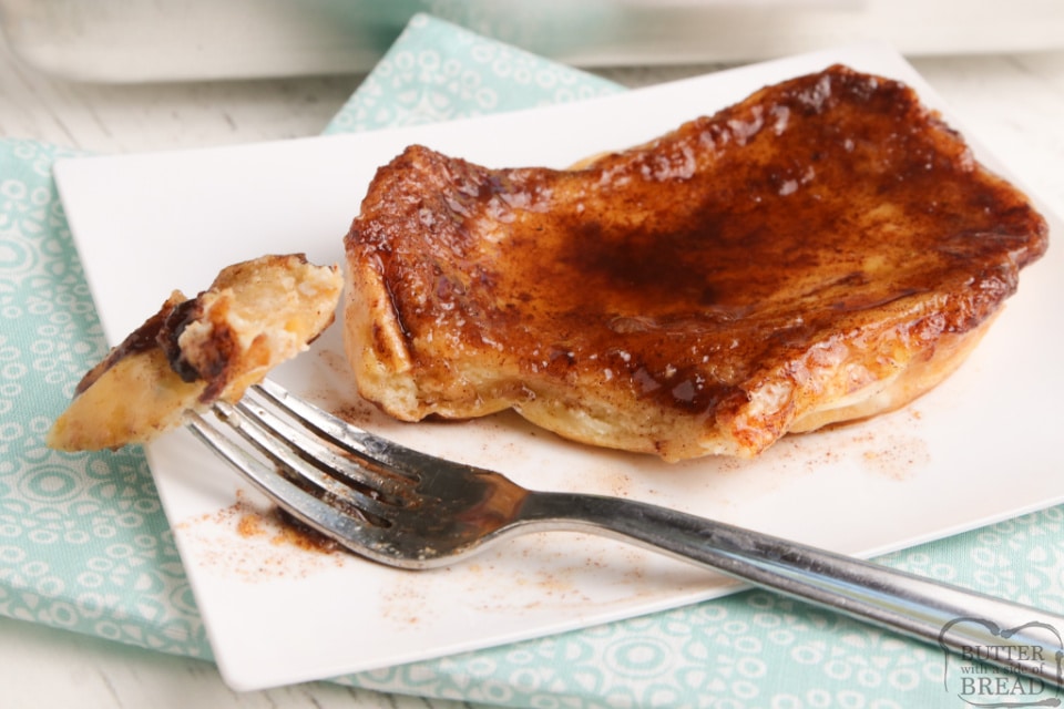 Baked Cinnamon French Toast is a simple way to make french toast for the whole family at once! Thick slices of french bread soaked in an egg mixture and then baked in a buttery, cinnamon and brown sugar mixture. 