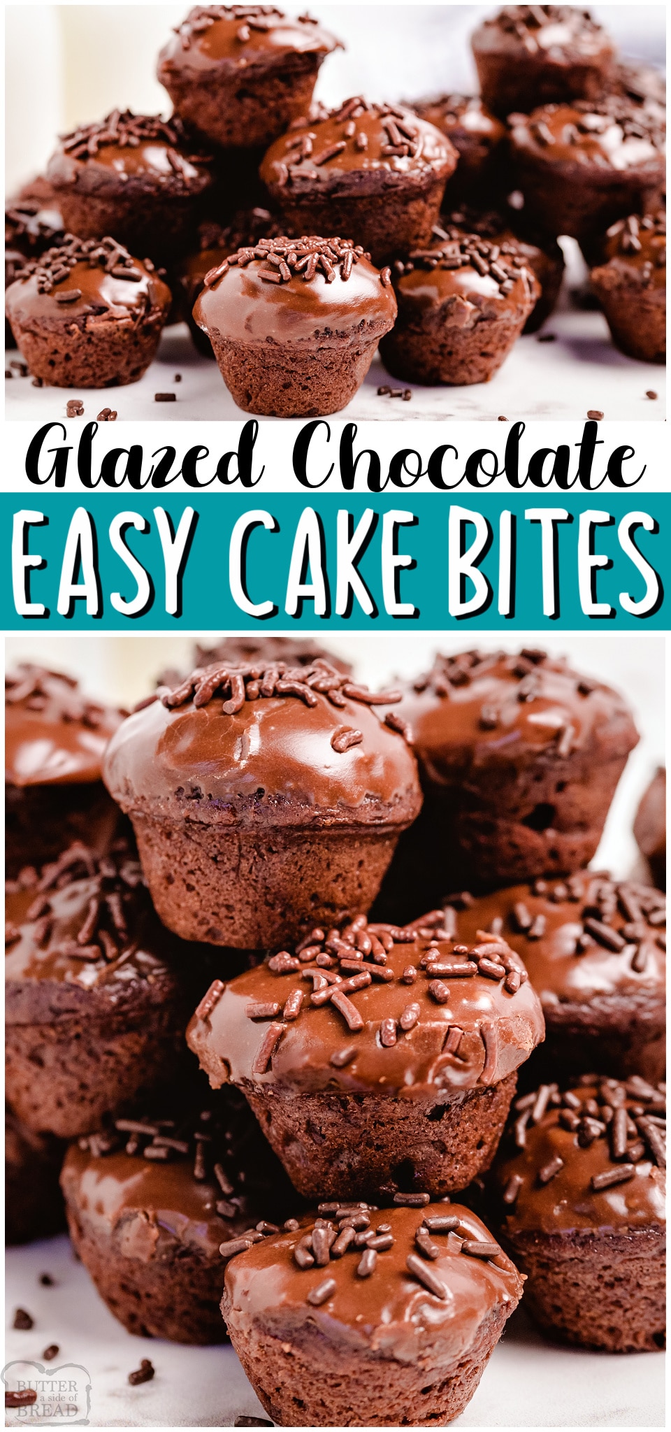 Easy Chocolate Cake Bites are simple, bite-sized chocolate cupcakes that are so easy to make! Super cute & beyond tasty, these mini chocolate cupcakes are always a hit. #chocolate #cake #cupcakes #cakebites #baking #dessert #easyrecipe from BUTTER WITH A SIDE OF BREAD