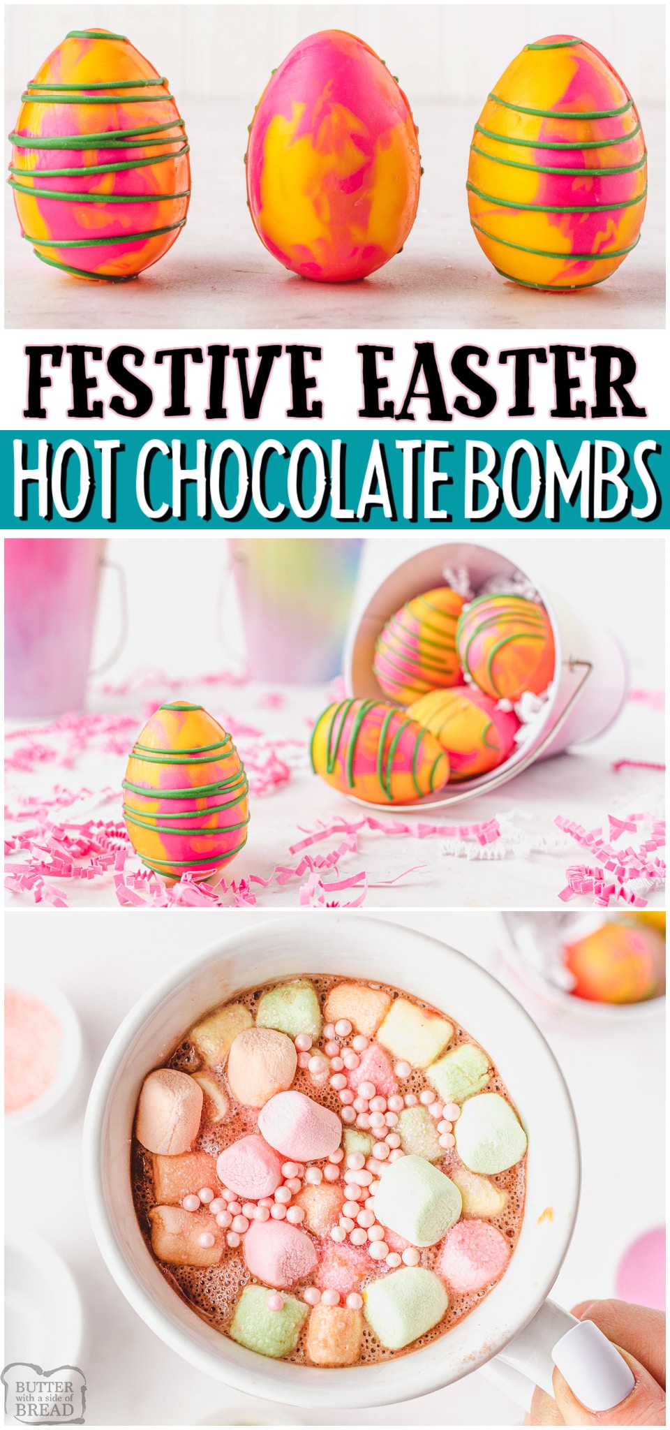 Easter hot chocolate bombs are a fun & festive way to enjoy an Easter treat! Colorful chocolate filled with white hot chocolate & sprinkles - all with an Easter twist! #Easter #chocolate #hotchocolate #hotchocolatebombs #festive #easyrecipe from BUTTER WITH A SIDE OF BREAD
