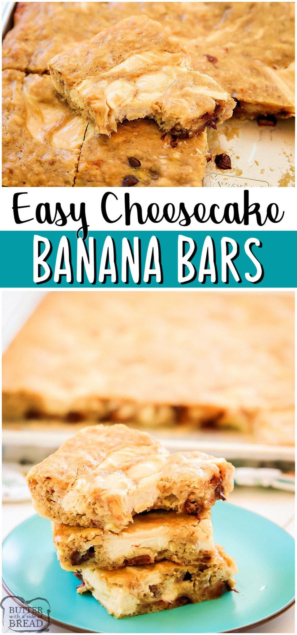 Cheesecake banana bars are soft, flavorful cinnamon banana bars with a vanilla cheesecake swirl! Easy recipe for ripe bananas that's so much better than banana bread! 