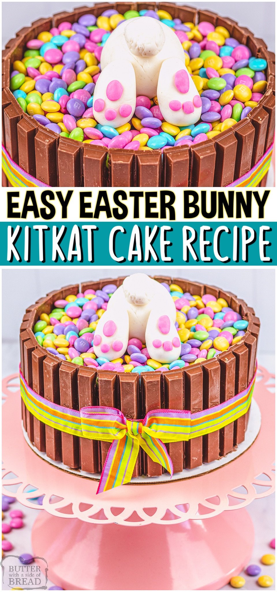 Easter Bunny KitKat Cake made easy & no one can resist this darling Easter cake! KitKats line the outside of the cake and the top has a cute Easter Bunny peeking out of pastel M&M candies. #Easter #cake #KitKat #EasterBunny #easycake #easyrecipe from BUTTER WITH A SIDE OF BREAD