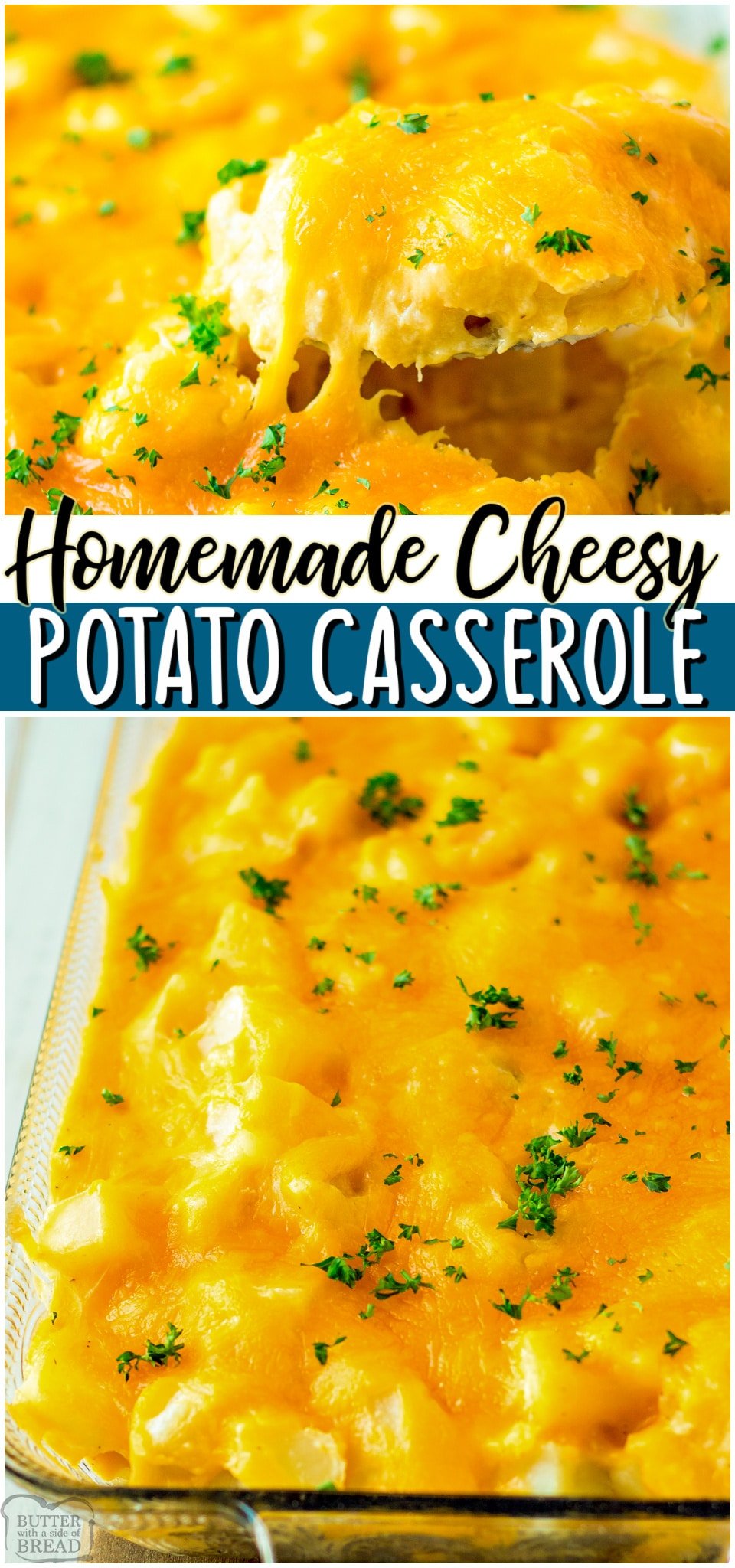 Creamy Cheesy Potato Casserole made with russet potatoes, butter, milk, flour, and cheese, giving you the perfect cheesy potatoes recipe! Homemade funeral potatoes perfect for holidays, Sunday dinner, or any occasion.