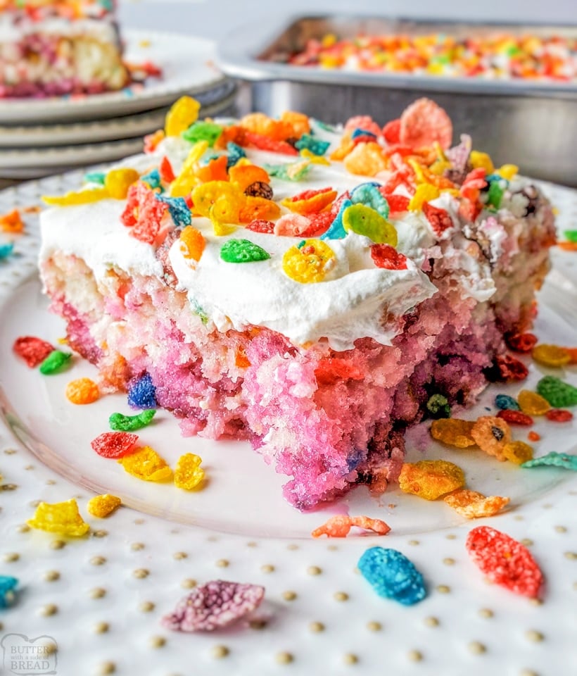 Poke cake recipe with Fruity Pebbles cereal