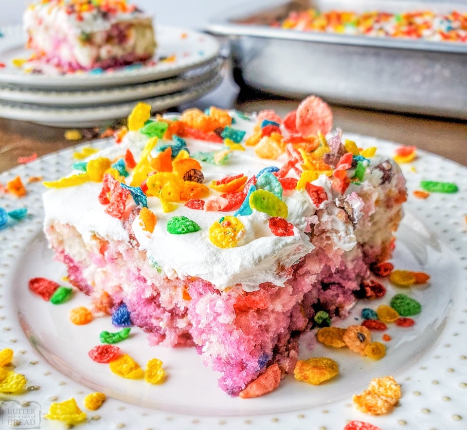 Poke cake recipe with Fruity Pebbles cereal