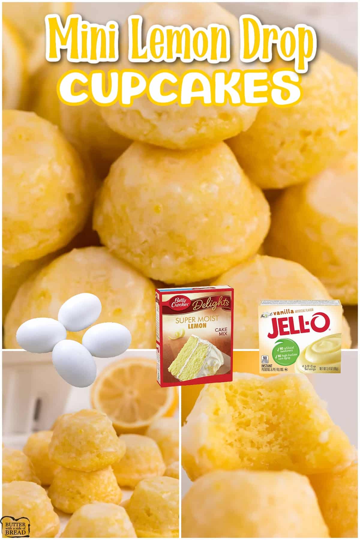 Mini Lemon Drop Cupcakes are delicious bite-sized treats that start with a lemon cake mix! The easy lemon glaze soaks into the bottoms to make these little cupcakes even more incredible. 