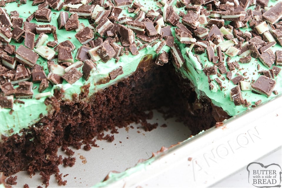 Chocolate cake recipe with pudding, hot fudge and Andes mints