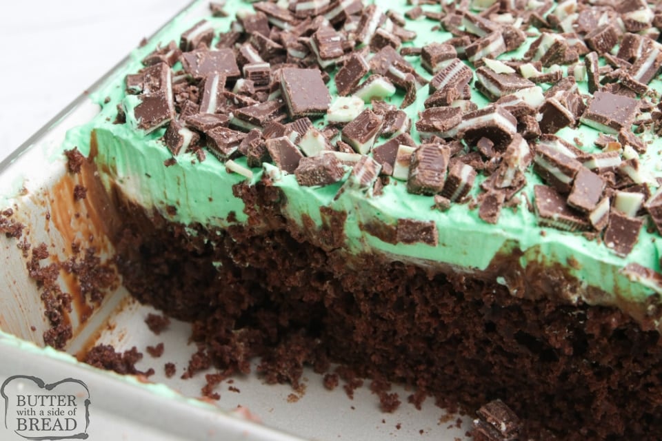 Chocolate poke cake with pudding, hot fudge and Andes mints on top!