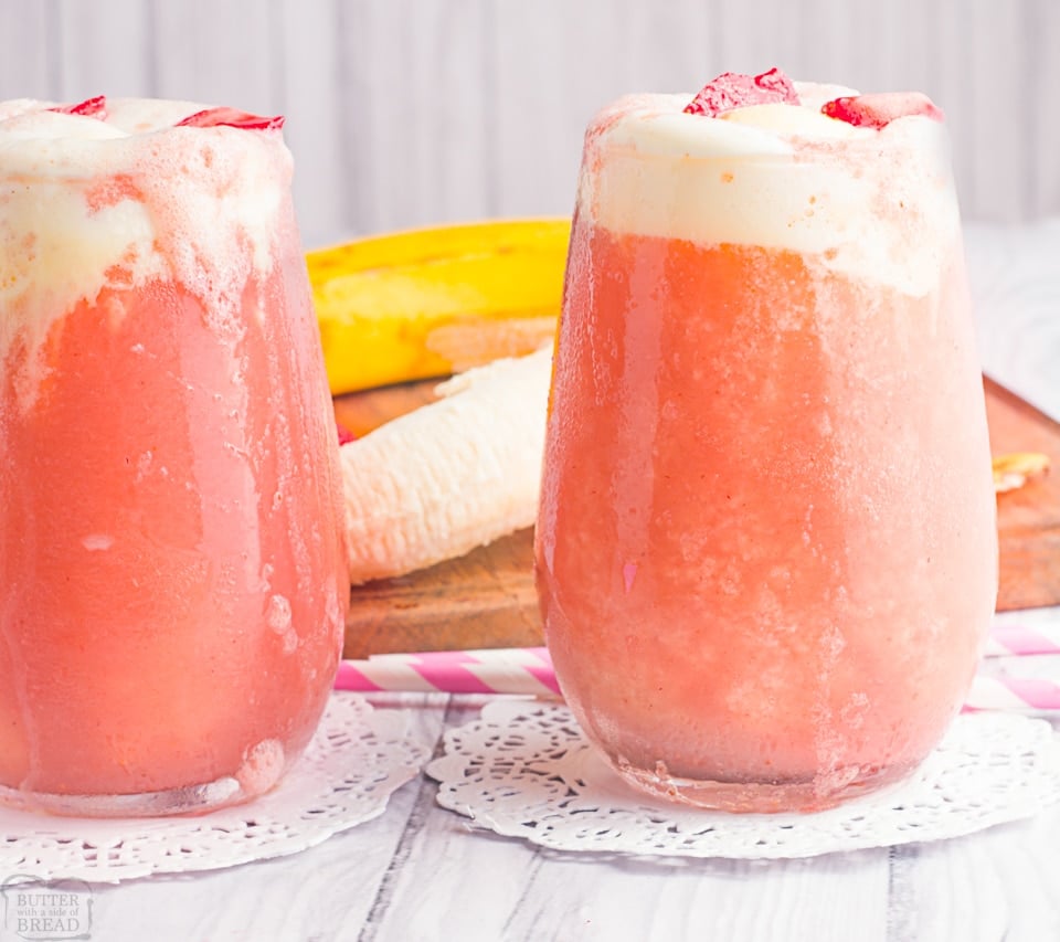 Simple & delicious strawberry banana ice cream float that's part smoothie, part slurpee and ALL amazing! Fresh strawberries and bananas blended, then topped with soda & ice cream. This Strawberry Banana Ice Cream Float is a fun treat everyone enjoys!