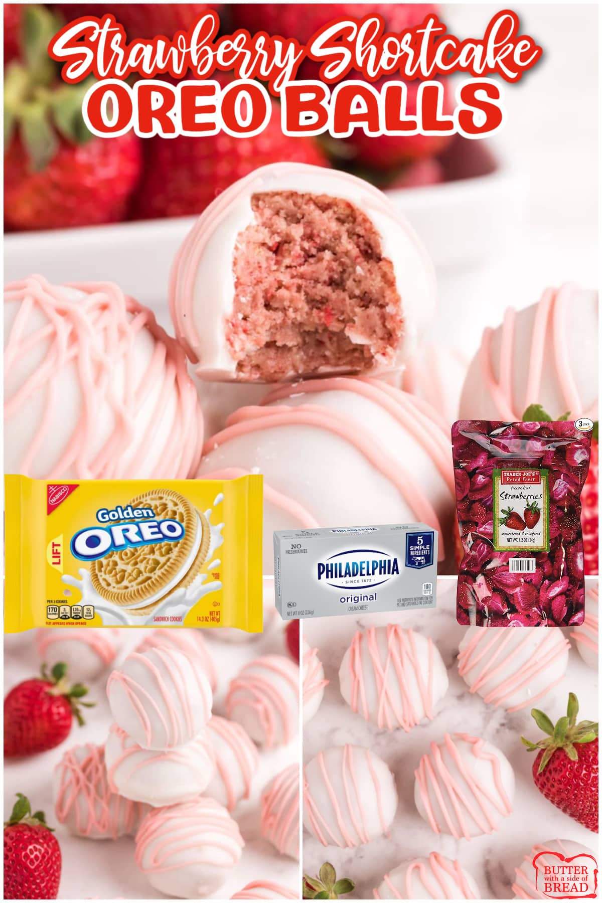 Strawberry Shortcake Oreo Balls are made in just a few minutes with dried strawberries and Golden Oreo cookies! These delicious no-bake treats are made with just 4 ingredients!