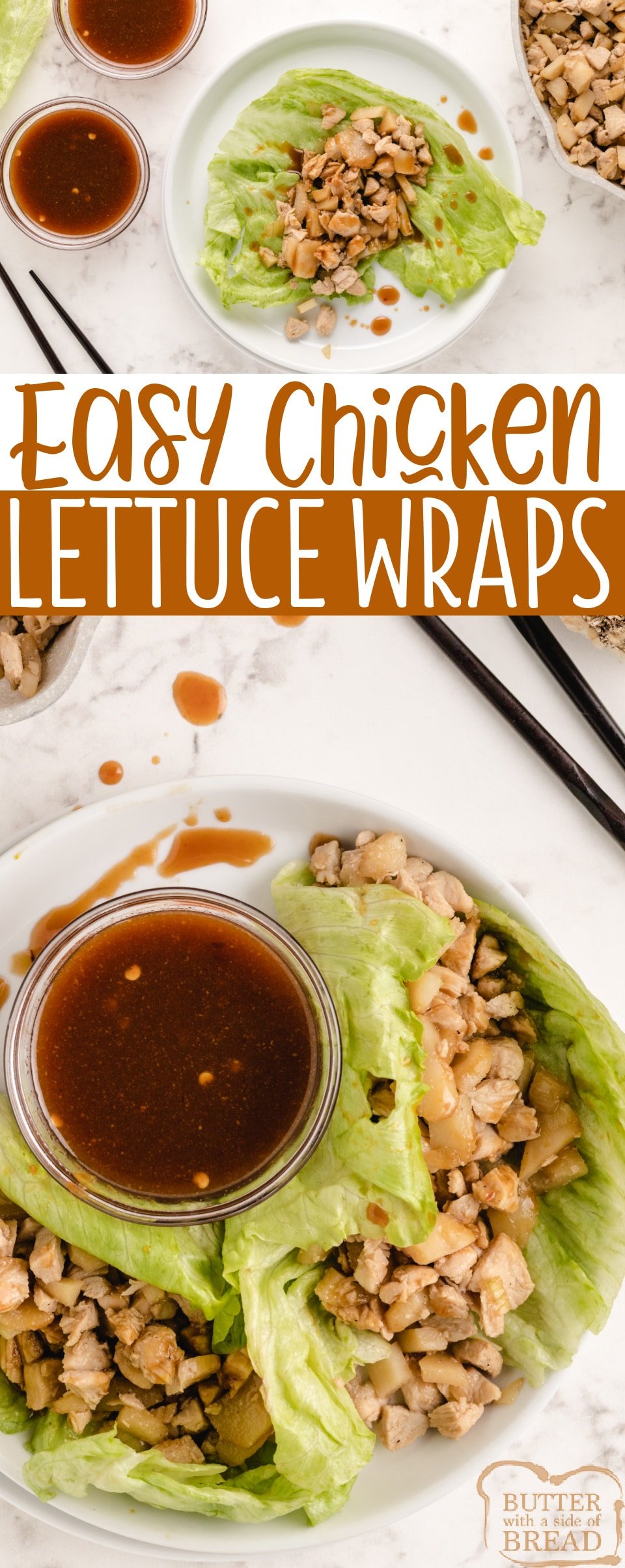 Chicken Lettuce Wraps made with chicken, water chestnuts, onion and garlic in a leaf of lettuce and then dipped in a delicious homemade Asian sauce. Easy chicken lettuce wrap recipe that is perfect as a low-carb appetizer or main dish. 