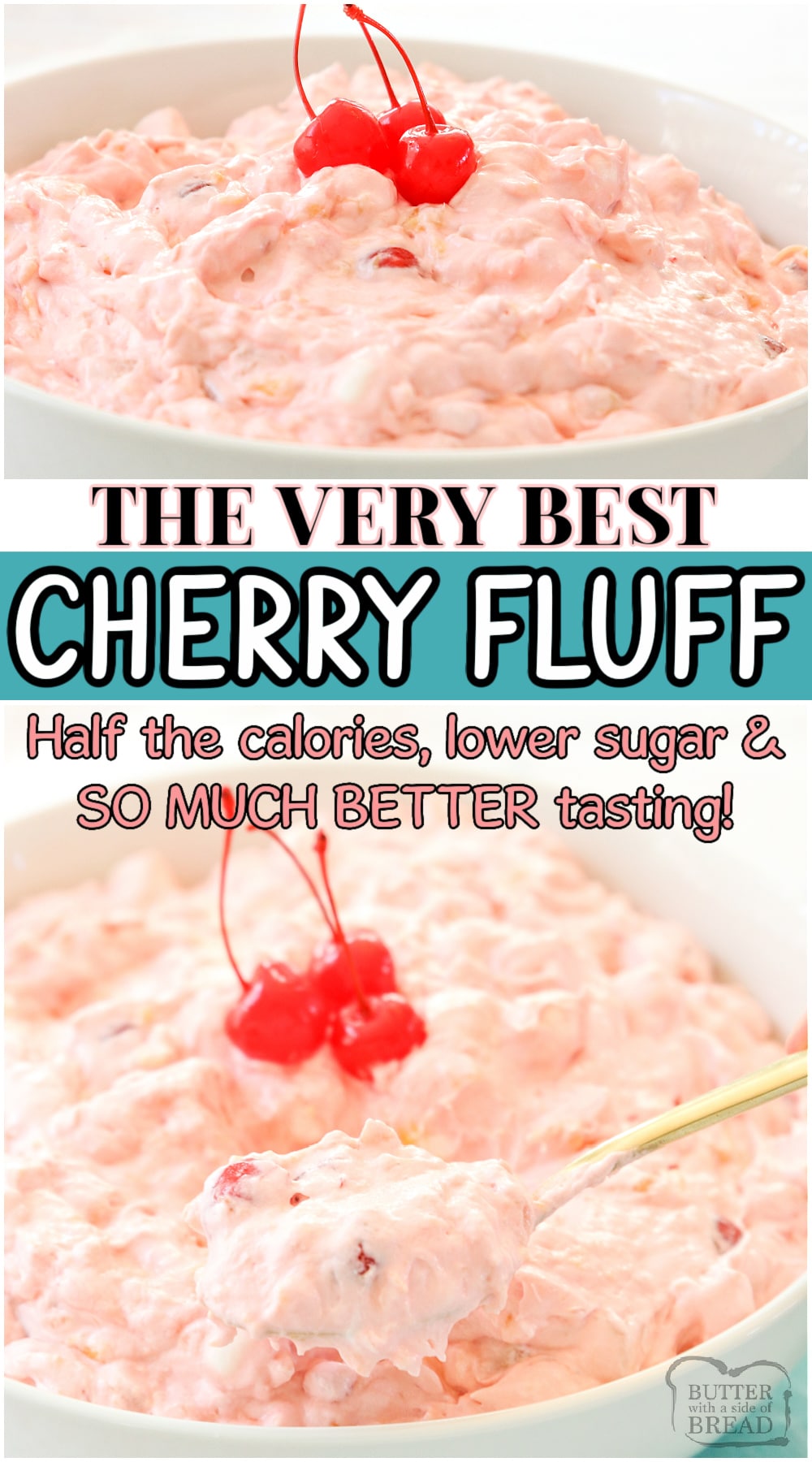 The BEST Cherry Fluff salad recipe ever! Perfectly creamy, not too sweet with tons of bright, cherry flavor. HALF the calories, done in a matter of minutes & ready to serve immediately!