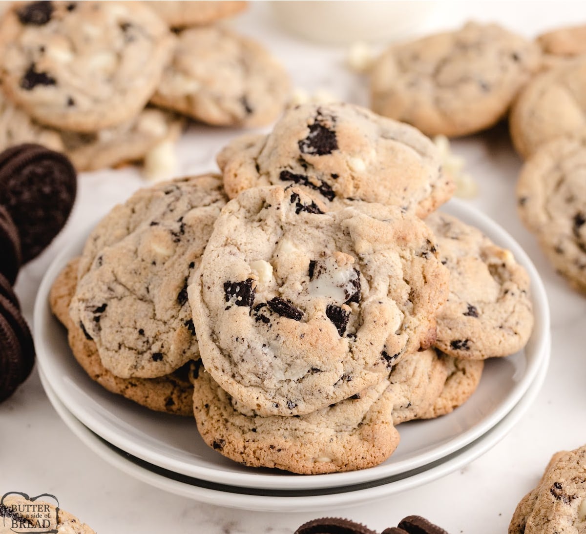 Soft, chewy Cookies and Cream Cookies with Oreo pudding mix, white chocolate chips & Oreo chunks. The best cookies and cream cookie recipe!