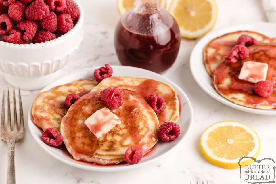 Lemon pancakes with homemade raspberry syrup