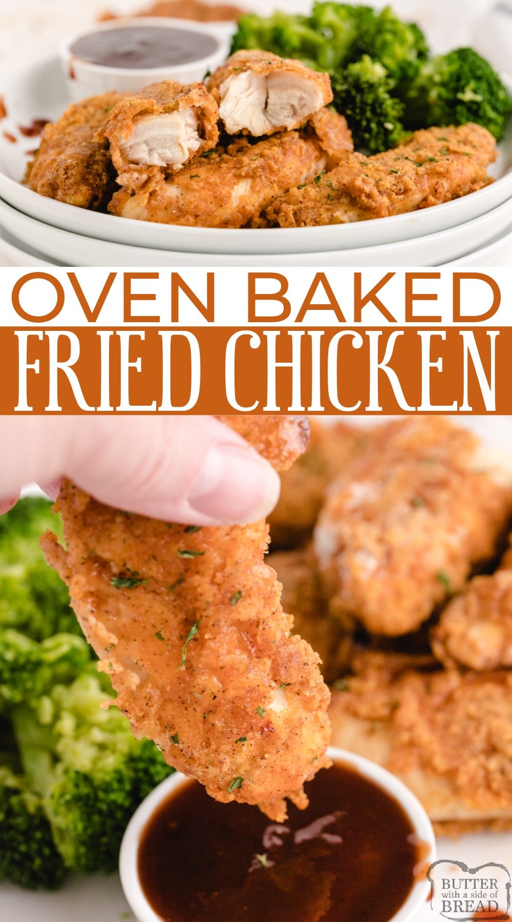 Oven Baked "Fried" Chicken made with chicken tenders hand breaded in a simple coating and then baked in the oven.  Tastes just like fried chicken without frying in oil!