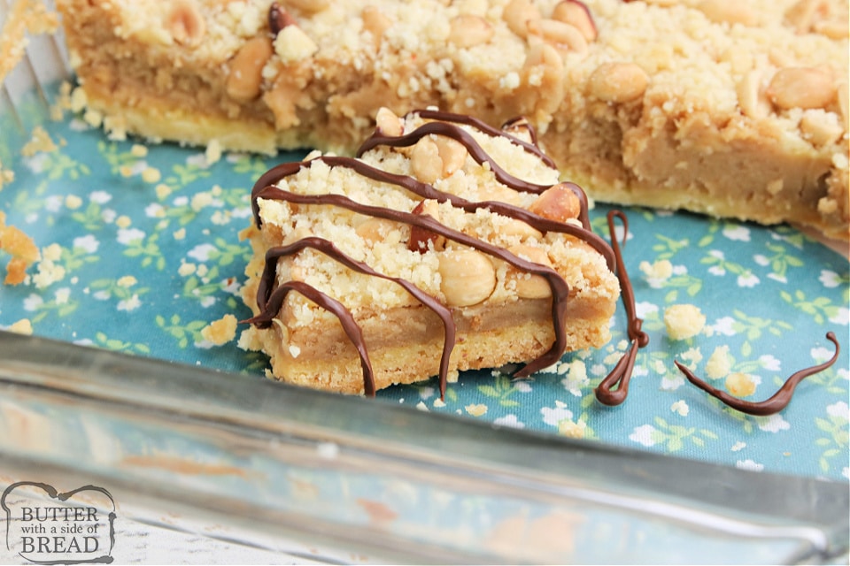 Peanut Butter Cheesecake Bars begin with a cake mix for a simple peanut butter dessert that is decadent and delicious! Simple cheesecake recipe made with peanut butter, peanuts and a few other basic ingredients. 